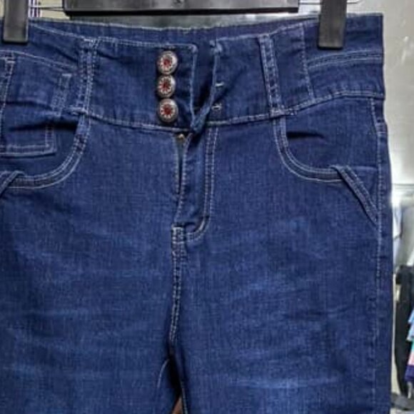 Women Vintage High Waist Flare Leg Three Buttons Jeans - Picture 3 of 4